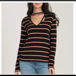LNA Helena black striped V neck sweater with cut outs size small